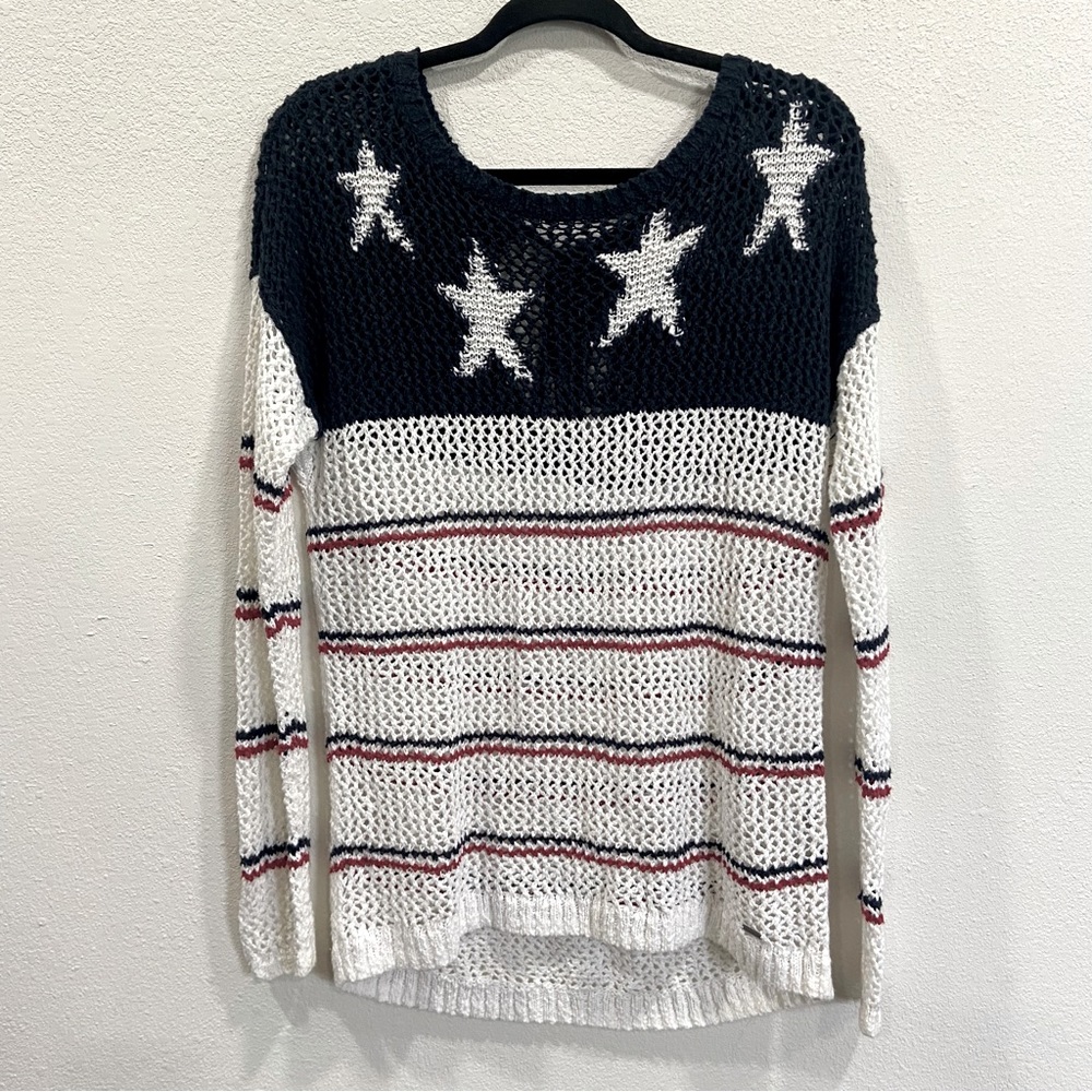 Hollister Star & Stripes Red white blue Knit sweater tied back womans size M